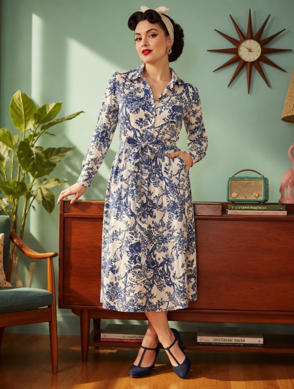 Floral Toile Shirt Dress in Blue and Cream - Picture 1 of 8